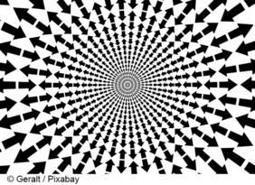 Schwarz-weiße grafische Darstellung mit konzentrischen Reihen schwarzer Pfeile, die zur Bildmitte zeigen und eine optische Täuschung erzeugen